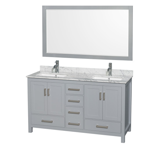 Wyndham WCS141460DGYCMUNSM58 Sheffield 60 Inch Double Bathroom Vanity in Gray, White Carrara Marble Countertop, Undermount Square Sinks, and 58 Inch Mirror