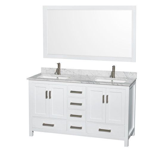 Wyndham WCS141460DWHCMUNSM58 Sheffield 60 Inch Double Bathroom Vanity in White, White Carrara Marble Countertop, Undermount Square Sinks, and 58 Inch Mirror
