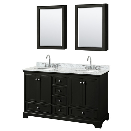 Wyndham WCS202060DDECMUNOMED Deborah 60 Inch Double Bathroom Vanity in Dark Espresso, White Carrara Marble Countertop, Undermount Oval Sinks, and Medicine Cabinets