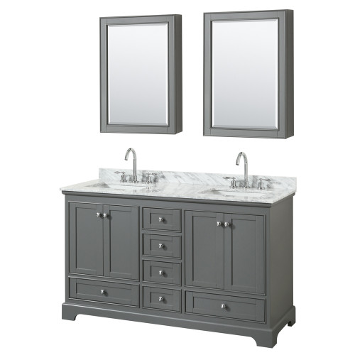 Wyndham WCS202060DKGCMUNSMED Deborah 60 Inch Double Bathroom Vanity in Dark Gray, White Carrara Marble Countertop, Undermount Square Sinks, and Medicine Cabinets