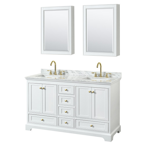 Wyndham WCS202060DWGCMUNSMED Deborah 60 Inch Double Bathroom Vanity in White, White Carrara Marble Countertop, Undermount Square Sinks, Brushed Gold Trim, Medicine Cabinets