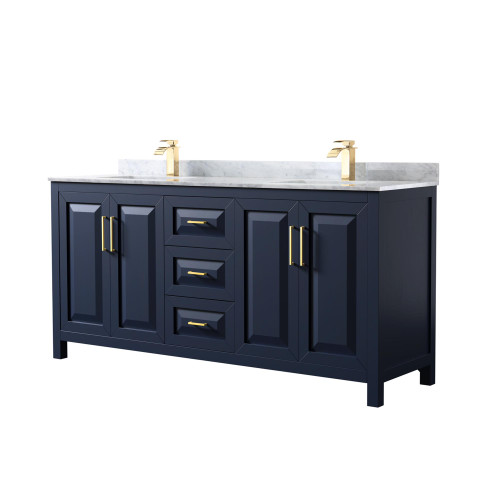 Wyndham WCV252572DBLCMUNSMXX Daria 72 Inch Double Bathroom Vanity in Dark Blue, White Carrara Marble Countertop, Undermount Square Sinks, No Mirror