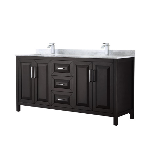 Wyndham WCV252572DDECMUNSMXX Daria 72 Inch Double Bathroom Vanity in Dark Espresso, White Carrara Marble Countertop, Undermount Square Sinks, and No Mirror
