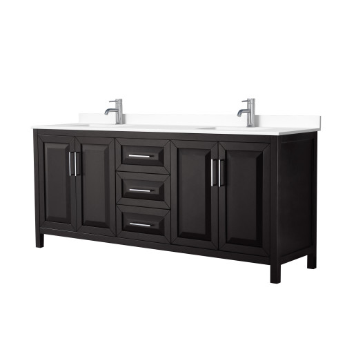 Wyndham WCV252580DDEWCUNSMXX Daria 80 Inch Double Bathroom Vanity in Dark Espresso, White Cultured Marble Countertop, Undermount Square Sinks, No Mirror