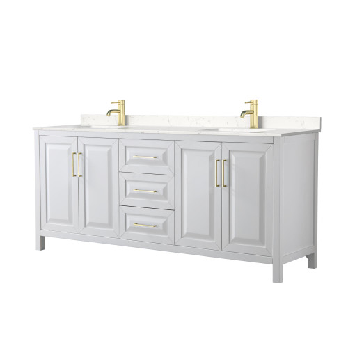 Wyndham WCV252580DWGC2UNSMXX Daria 80 Inch Double Bathroom Vanity in White, Light-Vein Carrara Cultured Marble Countertop, Undermount Square Sinks, Brushed Gold Trim