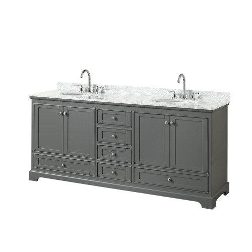 Wyndham WCS202080DKGCMUNOMXX Deborah 80 Inch Double Bathroom Vanity in Dark Gray, White Carrara Marble Countertop, Undermount Oval Sinks, and No Mirrors