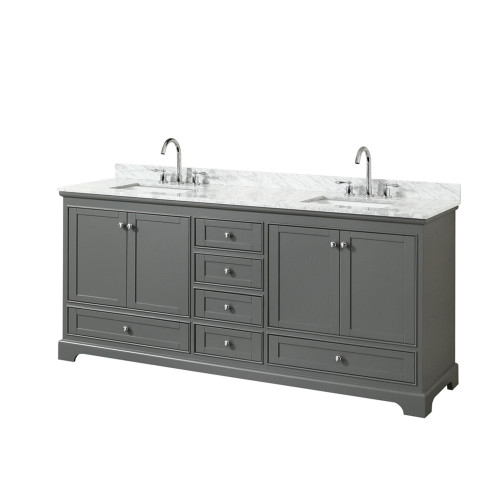 Wyndham WCS202080DKGCMUNSMXX Deborah 80 Inch Double Bathroom Vanity in Dark Gray, White Carrara Marble Countertop, Undermount Square Sinks, and No Mirror