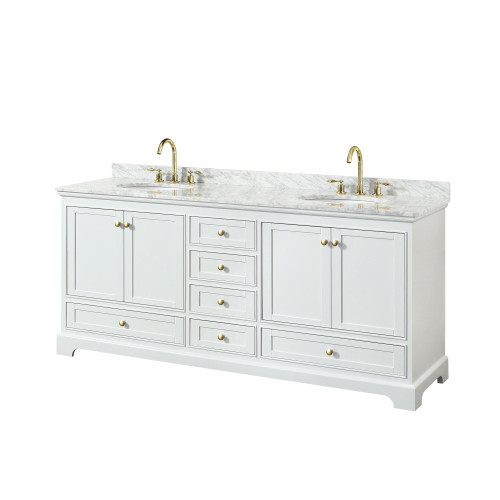 Wyndham WCS202080DWGCMUNOMXX Deborah 80 Inch Double Bathroom Vanity in White, White Carrara Marble Countertop, Undermount Oval Sinks, Brushed Gold Trim, No Mirrors