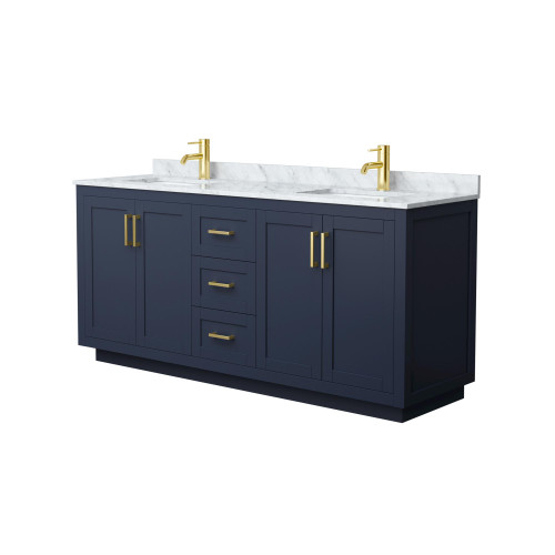 Wyndham WCF292972DBLCMUNSMXX Miranda 72 Inch Double Bathroom Vanity in Dark Blue, White Carrara Marble Countertop, Undermount Square Sinks, Brushed Gold Trim