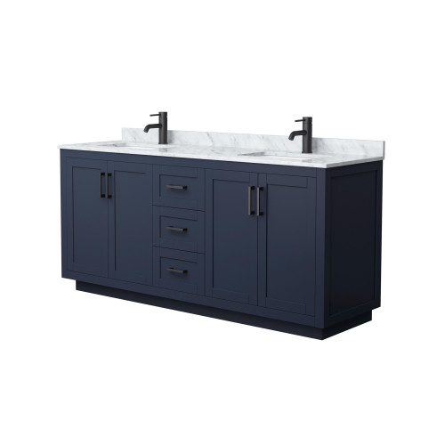 Wyndham WCF292972DBBCMUNSMXX Miranda 72 Inch Double Bathroom Vanity in Dark Blue, White Carrara Marble Countertop, Undermount Square Sinks, Matte Black Trim