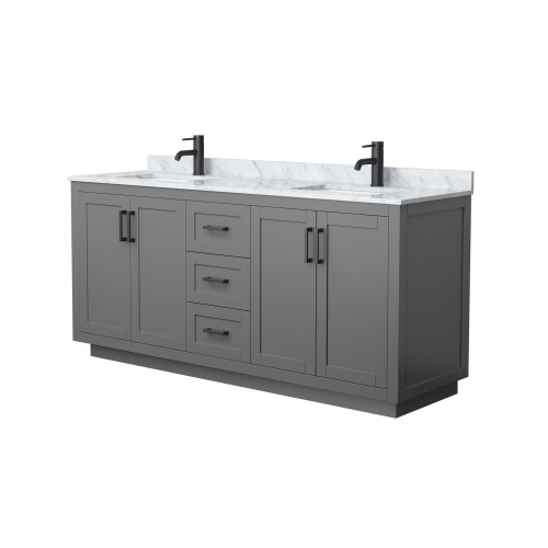 Wyndham WCF292972DGBCMUNSMXX Miranda 72 Inch Double Bathroom Vanity in Dark Gray, White Carrara Marble Countertop, Undermount Square Sinks, Matte Black Trim