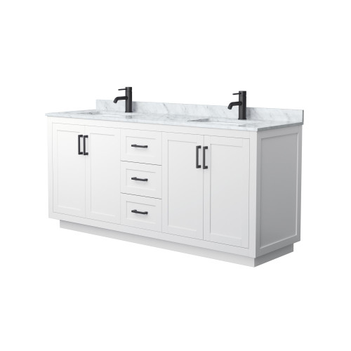 Wyndham WCF292972DWBCMUNSMXX Miranda 72 Inch Double Bathroom Vanity in White, White Carrara Marble Countertop, Undermount Square Sinks, Matte Black Trim
