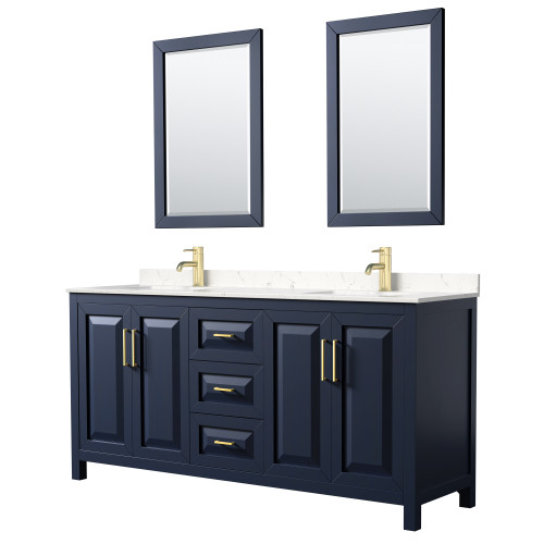 Wyndham WCV252572DBLC2UNSM24 Daria 72 Inch Double Bathroom Vanity in Dark Blue, Light-Vein Carrara Cultured Marble Countertop, Undermount Square Sinks, 24 Inch Mirrors