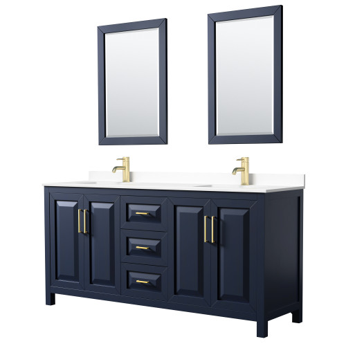 Wyndham WCV252572DBLWCUNSM24 Daria 72 Inch Double Bathroom Vanity in Dark Blue, White Cultured Marble Countertop, Undermount Square Sinks, 24 Inch Mirrors