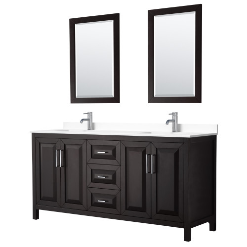 Wyndham WCV252572DDEWCUNSM24 Daria 72 Inch Double Bathroom Vanity in Dark Espresso, White Cultured Marble Countertop, Undermount Square Sinks, 24 Inch Mirrors