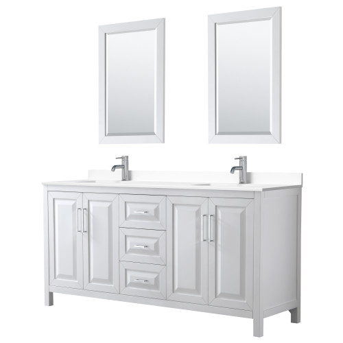 Wyndham WCV252572DWHWCUNSM24 Daria 72 Inch Double Bathroom Vanity in White, White Cultured Marble Countertop, Undermount Square Sinks, 24 Inch Mirrors