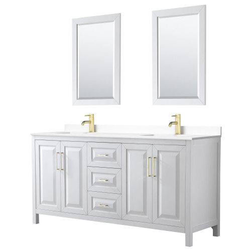 Wyndham WCV252572DWGWCUNSM24 Daria 72 Inch Double Bathroom Vanity in White, White Cultured Marble Countertop, Undermount Square Sinks, 24 Inch Mirrors, Brushed Gold Trim