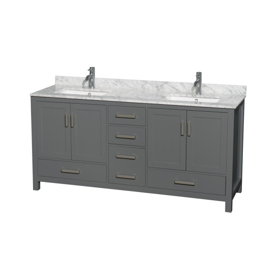 Wyndham WCS141472DKGCMUNSMXX Sheffield 72 Inch Double Bathroom Vanity in Dark Gray, White Carrara Marble Countertop, Undermount Square Sinks, and No Mirror