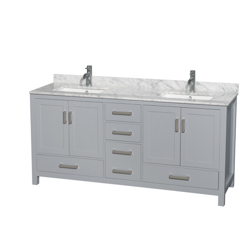 Wyndham WCS141472DGYCMUNSMXX Sheffield 72 Inch Double Bathroom Vanity in Gray, White Carrara Marble Countertop, Undermount Square Sinks, and No Mirror