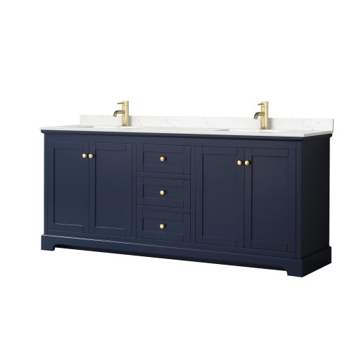 Wyndham WCV232380DBLC2UNSMXX Avery 80 Inch Double Bathroom Vanity in Dark Blue, Light-Vein Carrara Cultured Marble Countertop, Undermount Square Sinks, No Mirror