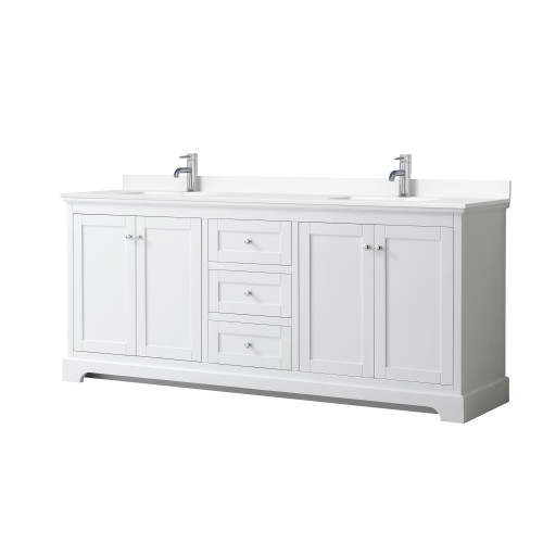 Wyndham WCV232380DWHWCUNSMXX Avery 80 Inch Double Bathroom Vanity in White, White Cultured Marble Countertop, Undermount Square Sinks, No Mirror