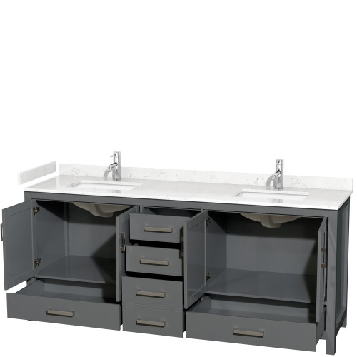 Wyndham WCS141480DKGC2UNSMXX Sheffield 80 Inch Double Bathroom Vanity in Dark Gray, Carrara Cultured Marble Countertop, Undermount Square Sinks, No Mirror