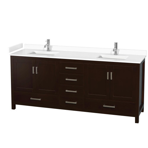 Wyndham WCS141480DESWCUNSMXX Sheffield 80 Inch Double Bathroom Vanity in Espresso, White Cultured Marble Countertop, Undermount Square Sinks, No Mirror
