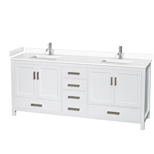 Wyndham WCS141480DWHWCUNSMXX Sheffield 80 Inch Double Bathroom Vanity in White, White Cultured Marble Countertop, Undermount Square Sinks, No Mirror