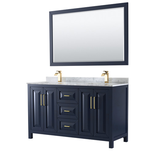 Wyndham WCV252560DBLCMUNSM58 Daria 60 Inch Double Bathroom Vanity in Dark Blue, White Carrara Marble Countertop, Undermount Square Sinks, 58 Inch Mirror