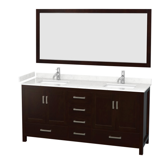 Wyndham WCS141472DESC2UNSM70 Sheffield 72 Inch Double Bathroom Vanity in Espresso, Carrara Cultured Marble Countertop, Undermount Square Sinks, 70 Inch Mirror