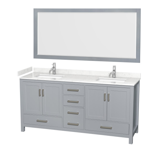 Wyndham WCS141472DGYC2UNSM70 Sheffield 72 Inch Double Bathroom Vanity in Gray, Carrara Cultured Marble Countertop, Undermount Square Sinks, 70 Inch Mirror