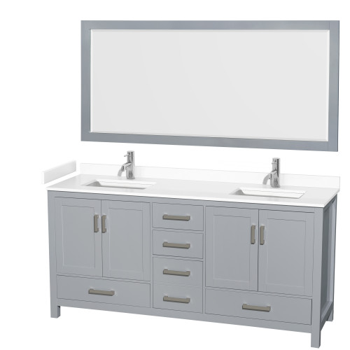 Wyndham WCS141472DGYWCUNSM70 Sheffield 72 Inch Double Bathroom Vanity in Gray, White Cultured Marble Countertop, Undermount Square Sinks, 70 Inch Mirror