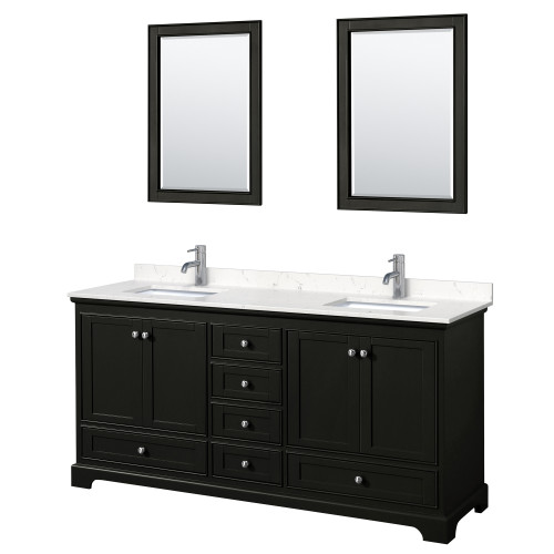 Wyndham WCS202072DDEC2UNSM24 Deborah 72 Inch Double Bathroom Vanity in Dark Espresso, Light-Vein Carrara Cultured Marble Countertop, Undermount Square Sinks, 24 Inch Mirrors