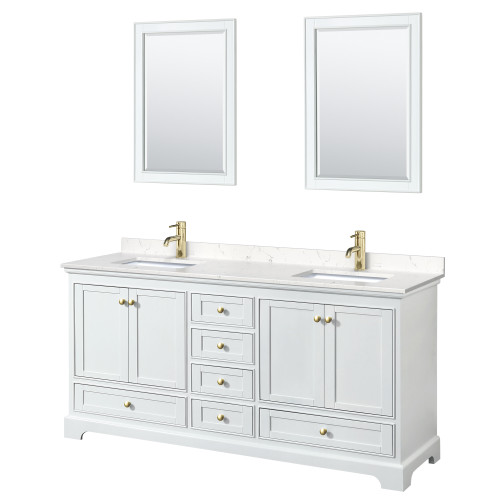 Wyndham WCS202072DWGC2UNSM24 Deborah 72 Inch Double Bathroom Vanity in White, Carrara Cultured Marble Countertop, Undermount Square Sinks, Brushed Gold Trim, 24 Inch Mirrors