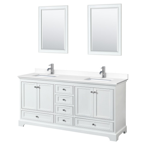 Wyndham WCS202072DWHWCUNSM24 Deborah 72 Inch Double Bathroom Vanity in White, White Cultured Marble Countertop, Undermount Square Sinks, 24 Inch Mirrors