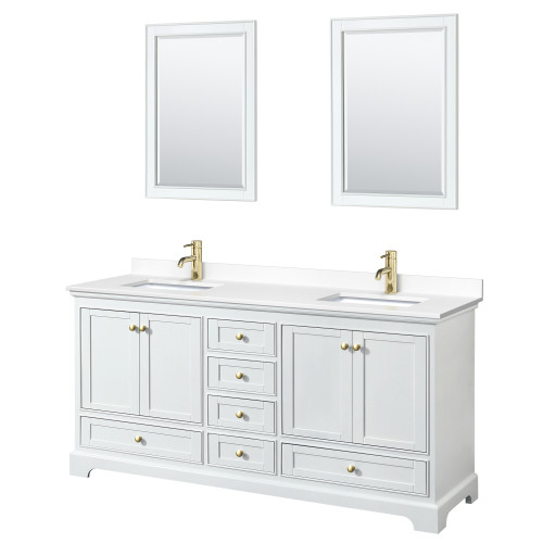 Wyndham WCS202072DWGWCUNSM24 Deborah 72 Inch Double Bathroom Vanity in White, White Cultured Marble Countertop, Undermount Square Sinks, Brushed Gold Trim, 24 Inch Mirrors