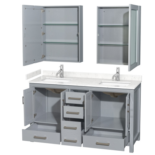 Wyndham WCS141460DGYC2UNSMED Sheffield 60 Inch Double Bathroom Vanity in Gray, Carrara Cultured Marble Countertop, Undermount Square Sinks, Medicine Cabinets