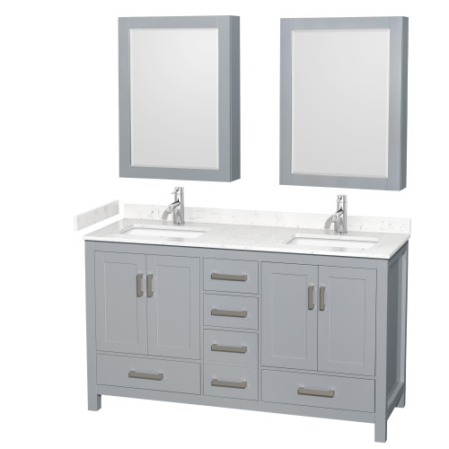 Wyndham WCS141460DGYC2UNSMED Sheffield 60 Inch Double Bathroom Vanity in Gray, Carrara Cultured Marble Countertop, Undermount Square Sinks, Medicine Cabinets