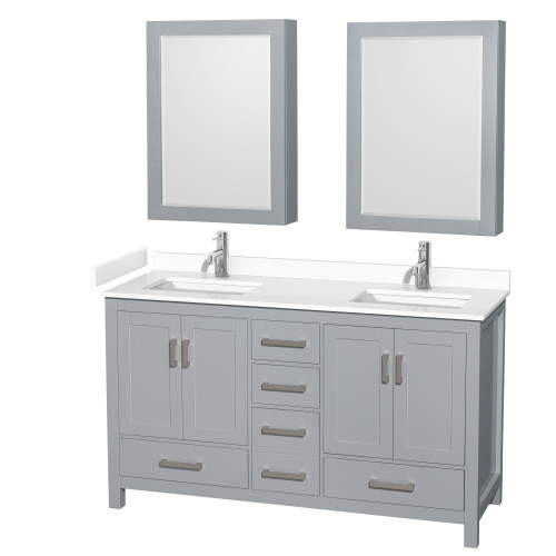 Wyndham WCS141460DGYWCUNSMED Sheffield 60 Inch Double Bathroom Vanity in Gray, White Cultured Marble Countertop, Undermount Square Sinks, Medicine Cabinets