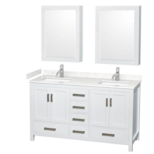 Wyndham WCS141460DWHC2UNSMED Sheffield 60 Inch Double Bathroom Vanity in White, Carrara Cultured Marble Countertop, Undermount Square Sinks, Medicine Cabinets
