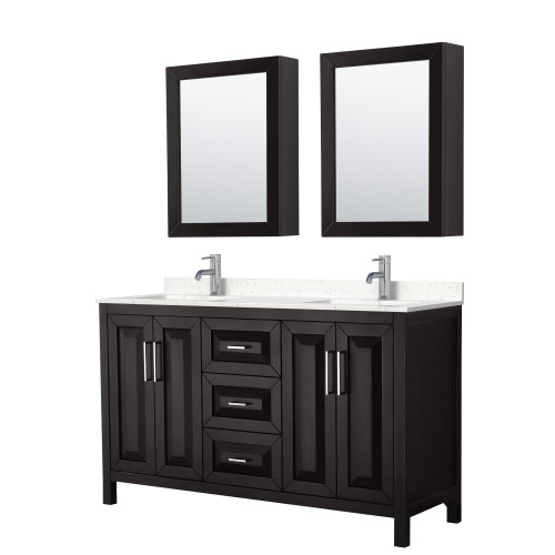 Wyndham WCV252560DDEC2UNSMED Daria 60 Inch Double Bathroom Vanity in Dark Espresso, Light-Vein Carrara Cultured Marble Countertop, Undermount Square Sinks, Medicine Cabinets