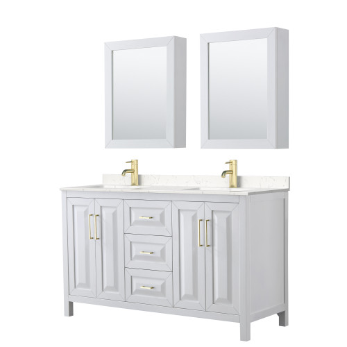 Wyndham WCV252560DWGC2UNSMED Daria 60 Inch Double Bathroom Vanity in White, Light-Vein Carrara Cultured Marble Countertop, Undermount Square Sinks, Medicine Cabinets, Brushed Gold Trim