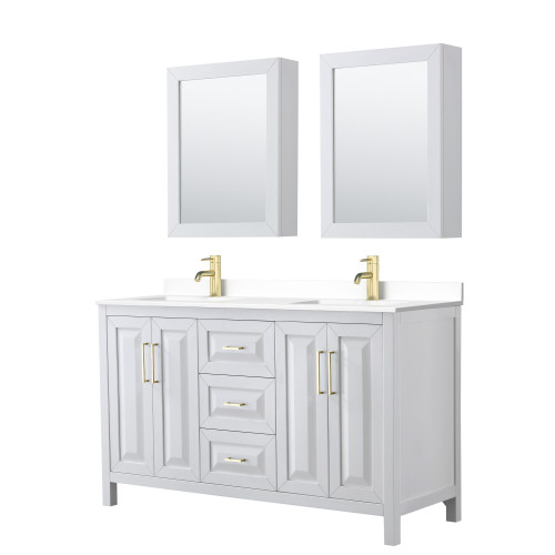 Wyndham WCV252560DWGWCUNSMED Daria 60 Inch Double Bathroom Vanity in White, White Cultured Marble Countertop, Undermount Square Sinks, Medicine Cabinets, Brushed Gold Trim