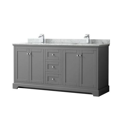 Wyndham WCV232372DKGCMUNSMXX Avery 72 Inch Double Bathroom Vanity in Dark Gray, White Carrara Marble Countertop, Undermount Square Sinks, and No Mirror