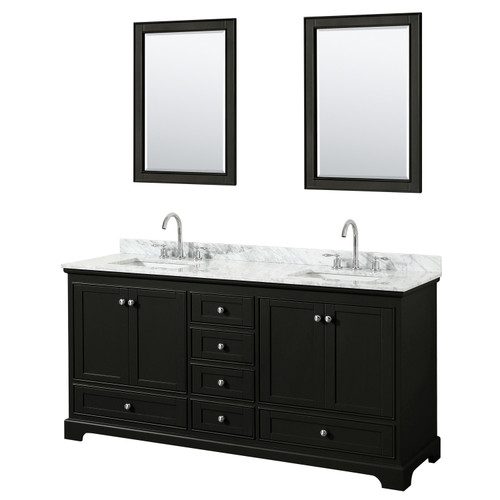 Wyndham WCS202072DDECMUNSM24 Deborah 72 Inch Double Bathroom Vanity in Dark Espresso, White Carrara Marble Countertop, Undermount Square Sinks, and 24 Inch Mirrors