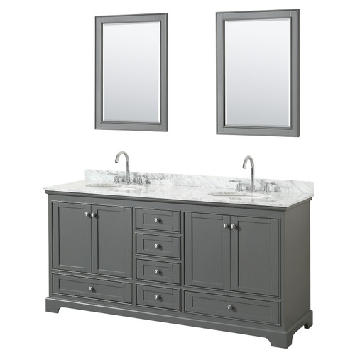 Wyndham WCS202072DKGCMUNOM24 Deborah 72 Inch Double Bathroom Vanity in Dark Gray, White Carrara Marble Countertop, Undermount Oval Sinks, and 24 Inch Mirrors