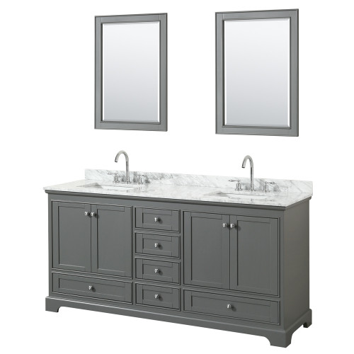 Wyndham WCS202072DKGCMUNSM24 Deborah 72 Inch Double Bathroom Vanity in Dark Gray, White Carrara Marble Countertop, Undermount Square Sinks, and 24 Inch Mirrors