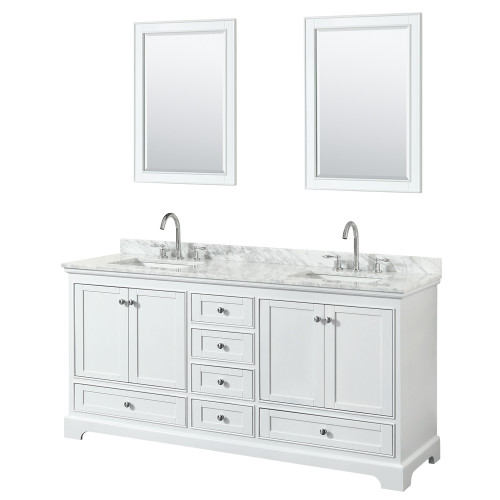 Wyndham WCS202072DWHCMUNSM24 Deborah 72 Inch Double Bathroom Vanity in White, White Carrara Marble Countertop, Undermount Square Sinks, and 24 Inch Mirrors