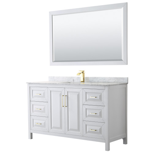 Wyndham WCV252560SWGCMUNSM58 Daria 60 Inch Single Bathroom Vanity in White, White Carrara Marble Countertop, Undermount Square Sink, 58 Inch Mirror, Brushed Gold Trim