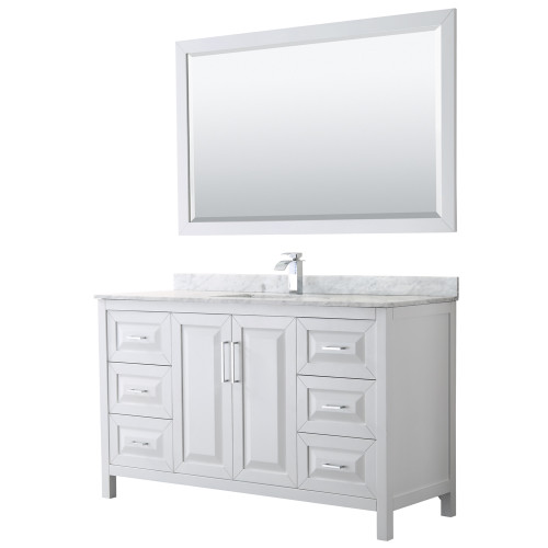 Wyndham WCV252560SWHCMUNSM58 Daria 60 Inch Single Bathroom Vanity in White, White Carrara Marble Countertop, Undermount Square Sink, and 58 Inch Mirror